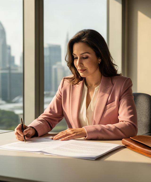 Singapore commercial lawyer reviewing a contract at a sunlit office desk with the city skyline behind her